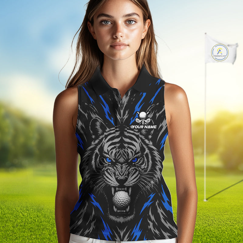 Custom Blue And Grey Tiger Golf Ball Team Attire Funny Sleeveless Golf Polo Golf Shirts For Women NYN3994
