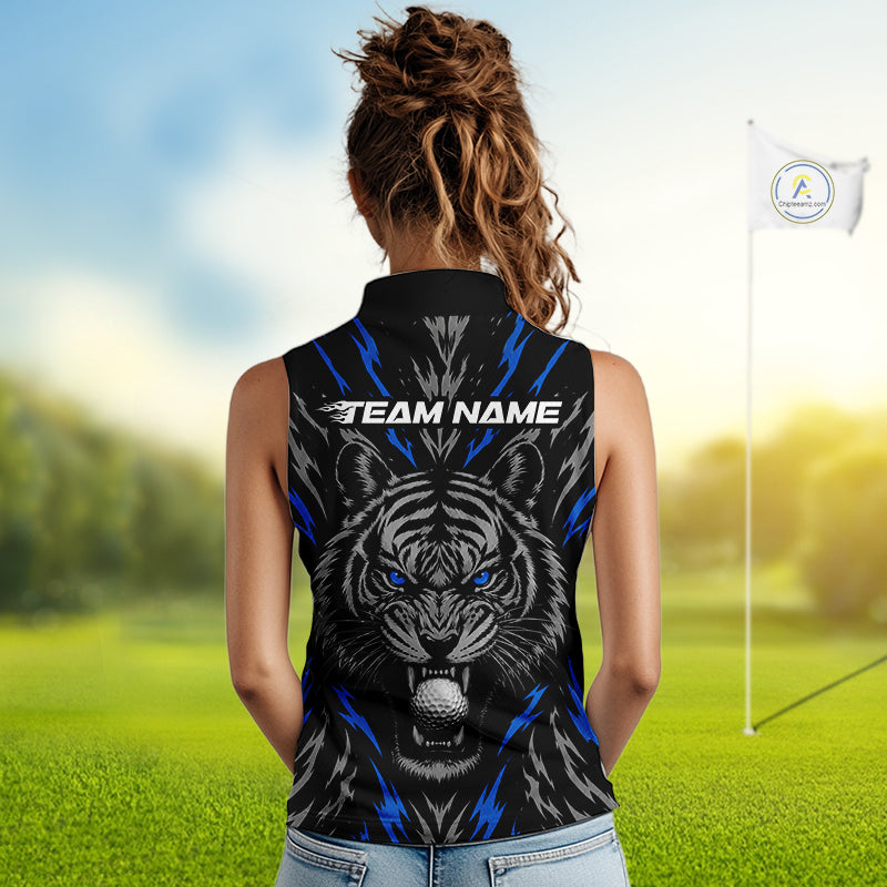 Custom Blue And Grey Tiger Golf Ball Team Attire Funny Sleeveless Golf Polo Golf Shirts For Women NYN3994