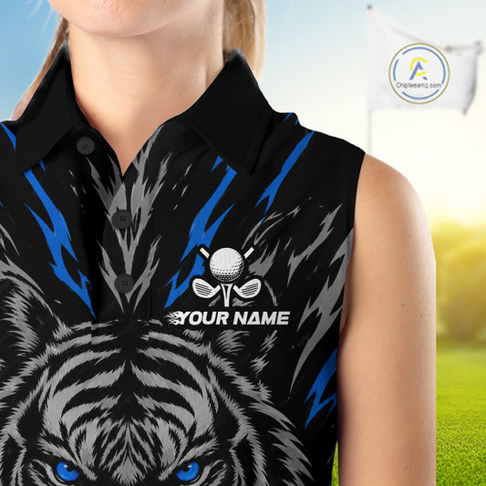Custom Blue And Grey Tiger Golf Ball Team Attire Funny Sleeveless Golf Polo Golf Shirts For Women NYN3994