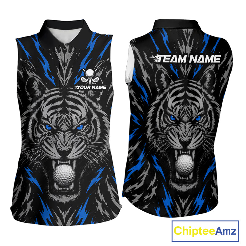 Custom Blue And Grey Tiger Golf Ball Team Attire Funny Sleeveless Golf Polo Golf Shirts For Women NYN3994