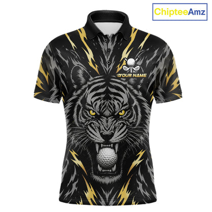 Custom Gold And Grey Tiger Golf Ball Team Attire Funny Golf Polo Golf Shirts For Men NYN3995