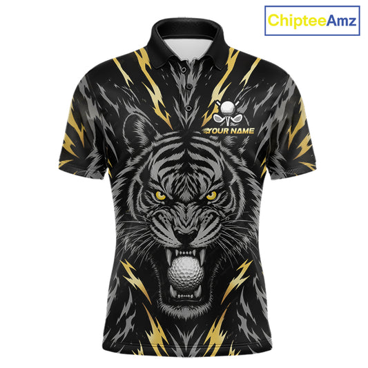 Custom Gold And Grey Tiger Golf Ball Team Attire Funny Golf Polo Golf Shirts For Men NYN3995