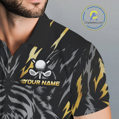 Custom Gold And Grey Tiger Golf Ball Team Attire Funny Golf Polo Golf Shirts For Men NYN3995