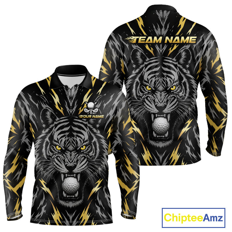 Custom Gold And Grey Tiger Golf Ball Team Attire Funny Golf Polo Golf Shirts For Men NYN3995