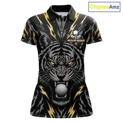 Custom Gold And Grey Tiger Golf Ball Team Attire Funny Golf Polo Golf Shirts For Women NYN3995