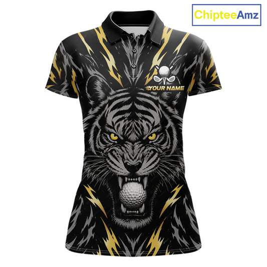 Custom Gold And Grey Tiger Golf Ball Team Attire Funny Golf Polo Golf Shirts For Women NYN3995