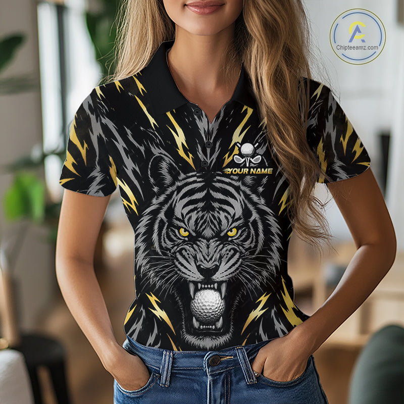 Custom Gold And Grey Tiger Golf Ball Team Attire Funny Golf Polo Golf Shirts For Women NYN3995