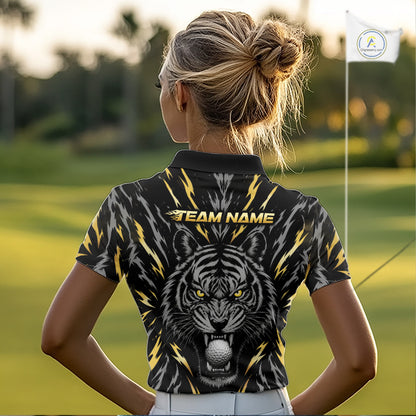 Custom Gold And Grey Tiger Golf Ball Team Attire Funny Golf Polo Golf Shirts For Women NYN3995