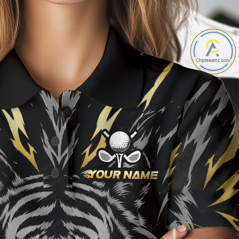 Custom Gold And Grey Tiger Golf Ball Team Attire Funny Golf Polo Golf Shirts For Women NYN3995
