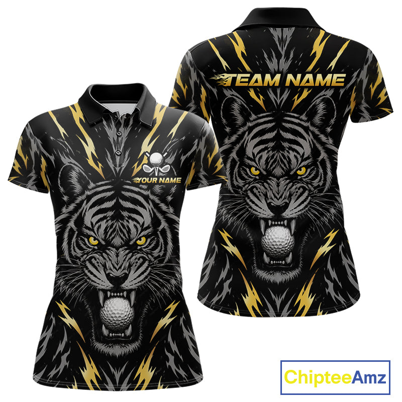Custom Gold And Grey Tiger Golf Ball Team Attire Funny Golf Polo Golf Shirts For Women NYN3995