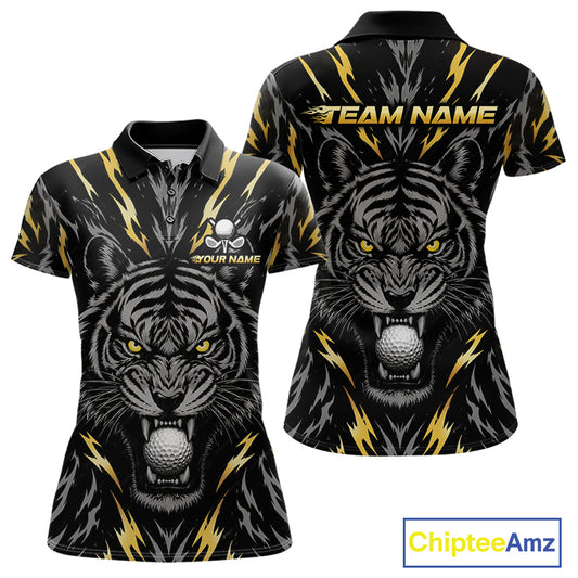 Custom Gold And Grey Tiger Golf Ball Team Attire Funny Golf Polo Golf Shirts For Women NYN3995