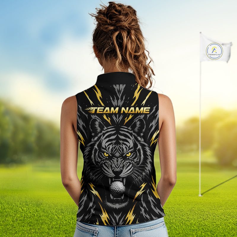 Custom Gold And Grey Tiger Golf Ball Team Attire Funny Sleeveless Golf Polo Golf Shirts For Women NYN3995