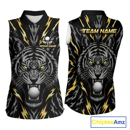 Custom Gold And Grey Tiger Golf Ball Team Attire Funny Sleeveless Golf Polo Golf Shirts For Women NYN3995
