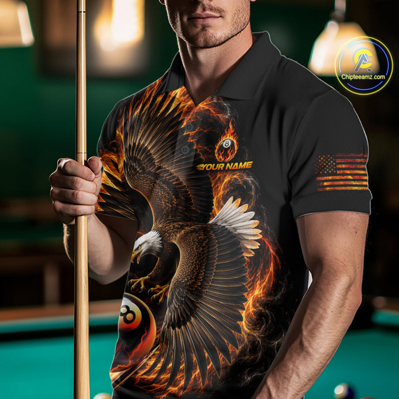 Custom Thunder 8 Ball Pool Jersey Mens Flame Eagle Billiard Polo Quarter-Zip Shirt | Orange NYN4003