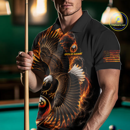 Custom Thunder 8 Ball Pool Jersey Mens Flame Eagle Billiard Polo Quarter-Zip Shirt | Orange NYN4003