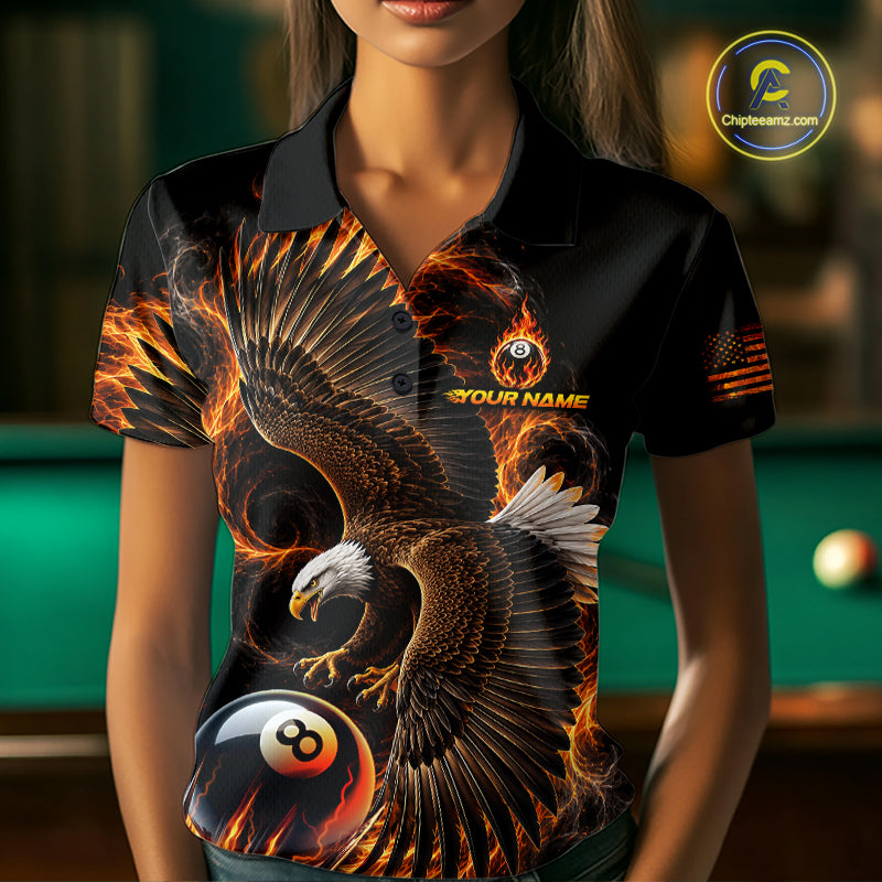Custom Thunder 8 Ball Pool Jersey Womens Flame Eagle Billiard Polo Quarter-Zip Shirt | Orange NYN4003