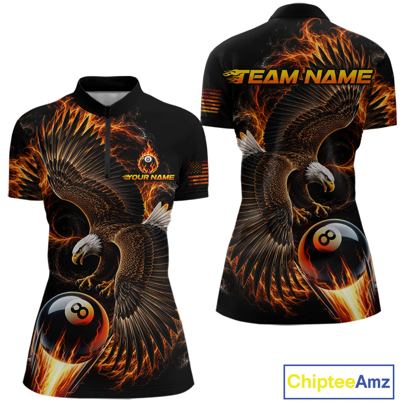 Custom Thunder 8 Ball Pool Jersey Womens Flame Eagle Billiard Polo Quarter-Zip Shirt | Orange NYN4003