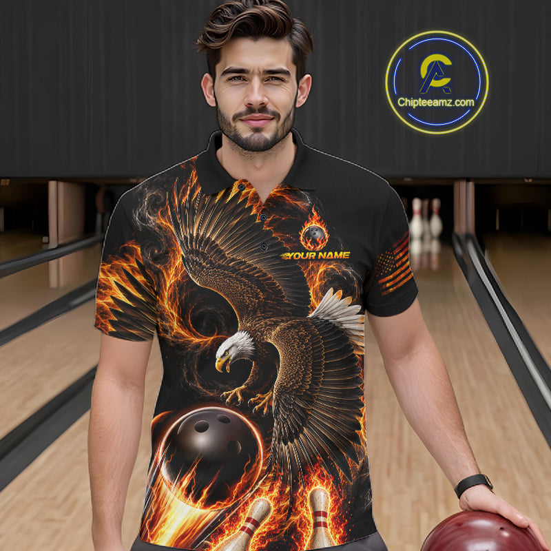 Custom Thunder Bowling Ball Shirt Mens Flame Eagle Bowling Polo Quarter-Zip Shirt | Orange NYN4004