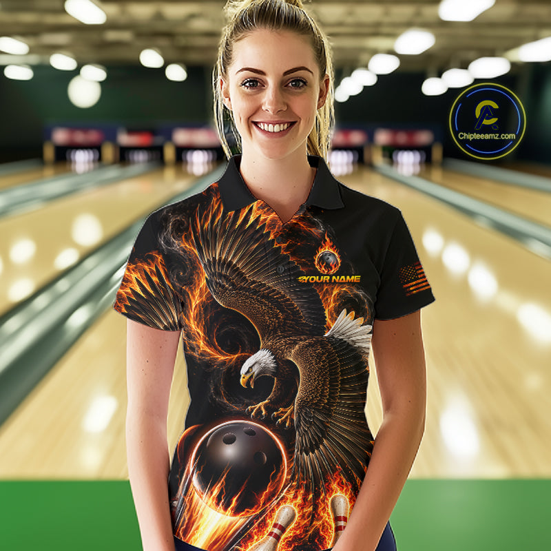 Custom Thunder Bowling Ball Shirt Womens Flame Eagle Bowling Polo Quarter-Zip Shirt | Orange NYN4004