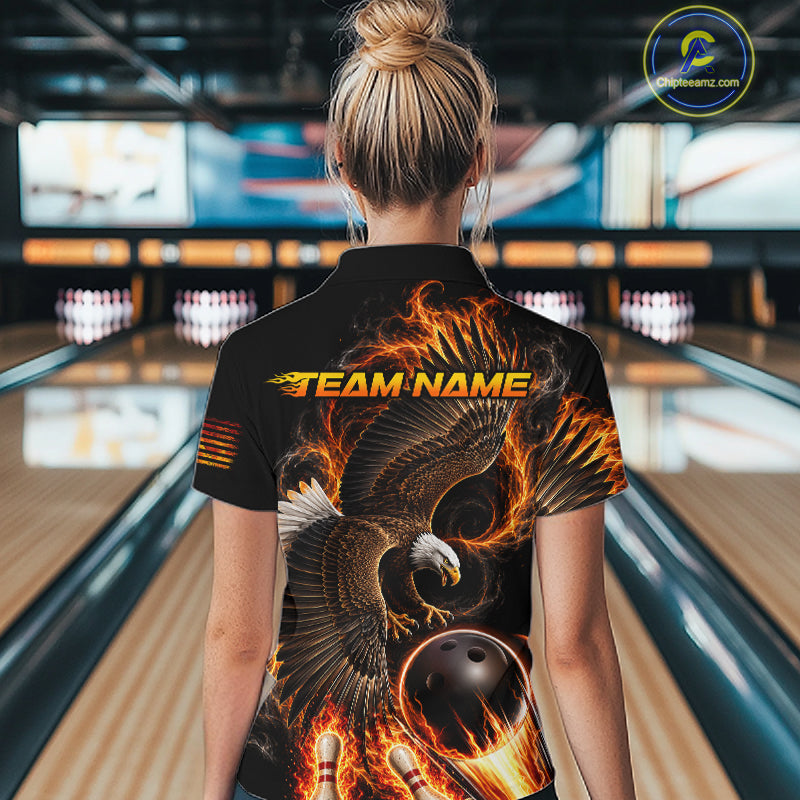 Custom Thunder Bowling Ball Shirt Womens Flame Eagle Bowling Polo Quarter-Zip Shirt | Orange NYN4004