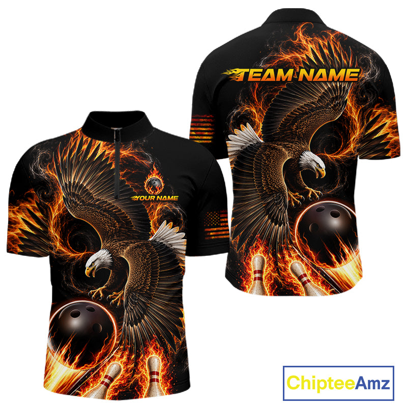Custom Thunder Bowling Ball Shirt Mens Flame Eagle Bowling Polo Quarter-Zip Shirt | Orange NYN4004
