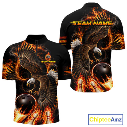 Custom Thunder Bowling Ball Shirt Mens Flame Eagle Bowling Polo Quarter-Zip Shirt | Orange NYN4004