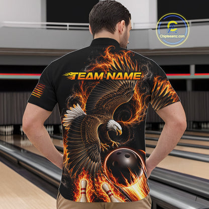 Custom Thunder Bowling Ball Shirt Mens Flame Eagle Bowling Polo Quarter-Zip Shirt | Orange NYN4004