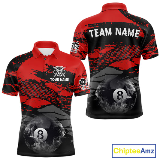 Black & Red Grunge 8 Ball Pool Men Billiard Polo & 1/4-Zip Jersey Custom Billiard Shirt Designs NYN2411