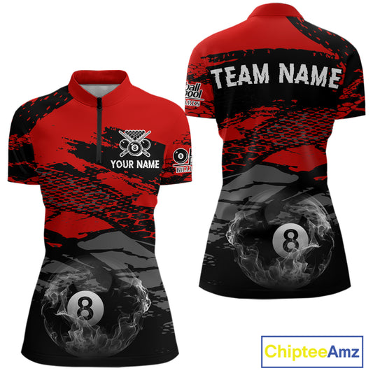 Black & Red Grunge 8 Ball Pool Women Billiard Polo & 1/4-Zip Jersey Custom Billiard Shirt Designs NYN2411