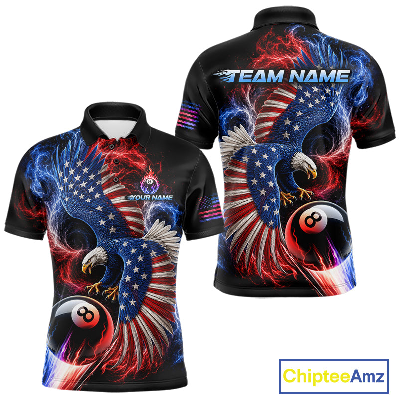Custom Thunder 8 Ball Pool Jersey For Men US Flag Fire Eagle Billiard Polo Quarter-Zip Shirt NYN4008
