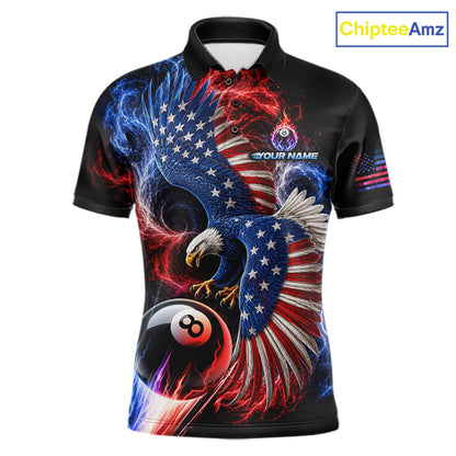 Custom Thunder 8 Ball Pool Jersey For Men US Flag Fire Eagle Billiard Polo Quarter-Zip Shirt NYN4008