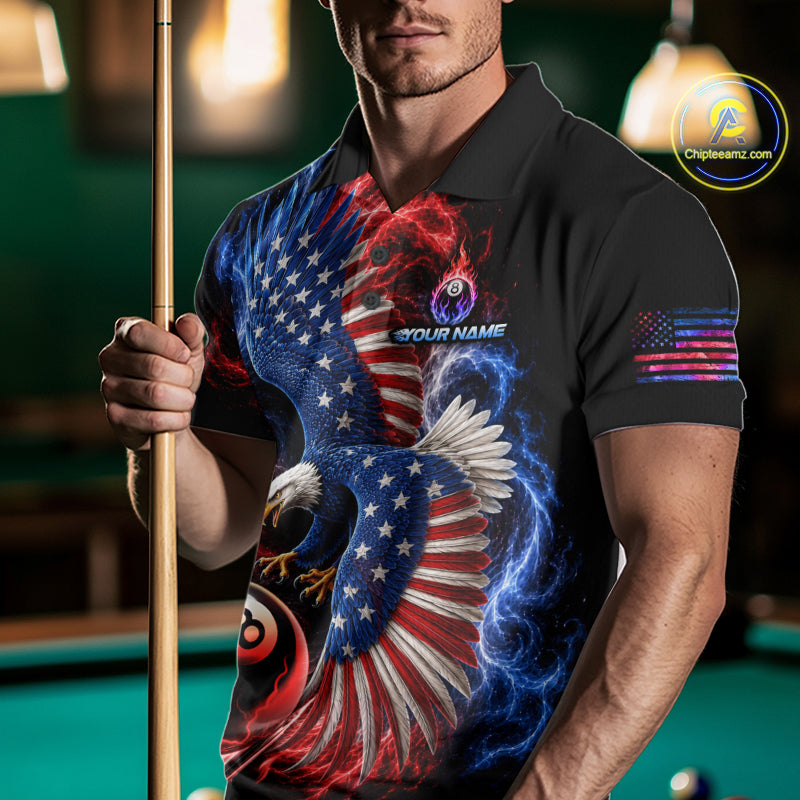 Custom Thunder 8 Ball Pool Jersey For Men US Flag Fire Eagle Billiard Polo Quarter-Zip Shirt NYN4008
