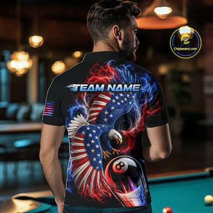 Custom Thunder 8 Ball Pool Jersey For Men US Flag Fire Eagle Billiard Polo Quarter-Zip Shirt NYN4008