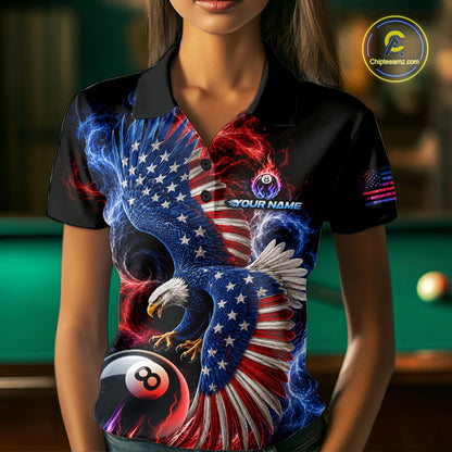 Custom Thunder 8 Ball Pool Jersey For Women US Flag Fire Eagle Billiard Polo Quarter-Zip Shirt NYN4008