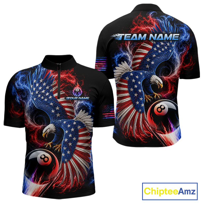 Custom Thunder 8 Ball Pool Jersey For Men US Flag Fire Eagle Billiard Polo Quarter-Zip Shirt NYN4008