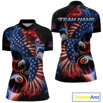 Custom Thunder 8 Ball Pool Jersey For Women US Flag Fire Eagle Billiard Polo Quarter-Zip Shirt NYN4008