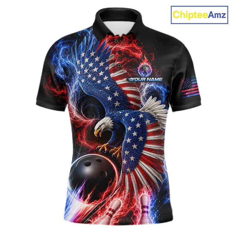 Custom Thunder Bowling Shirt For Men USA Flag Flame Eagle Bowling Polo Quarter-Zip Shirt NYN4009