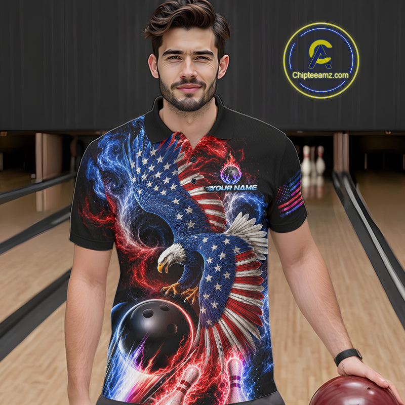 Custom Thunder Bowling Shirt For Men USA Flag Flame Eagle Bowling Polo Quarter-Zip Shirt NYN4009