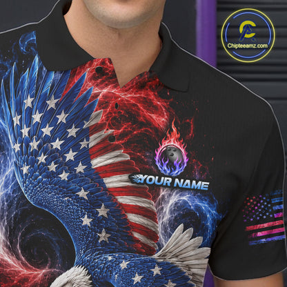 Custom Thunder Bowling Shirt For Men USA Flag Flame Eagle Bowling Polo Quarter-Zip Shirt NYN4009