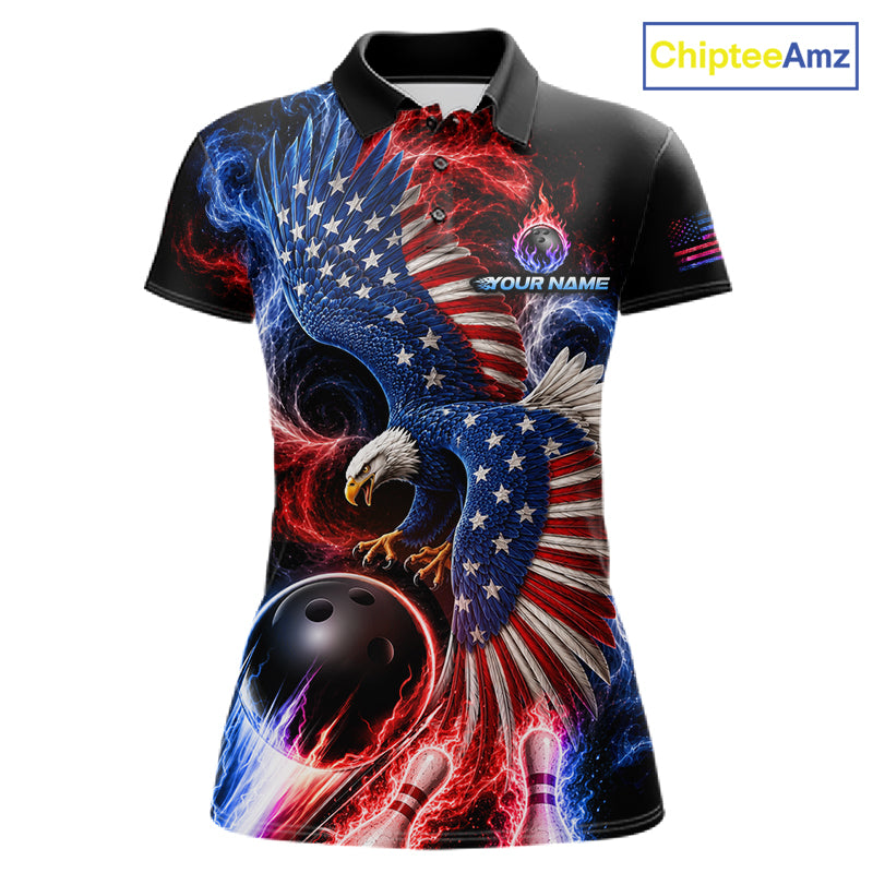 Custom Thunder Bowling Shirt For Women USA Flag Flame Eagle Bowling Polo Quarter-Zip Shirt NYN4009