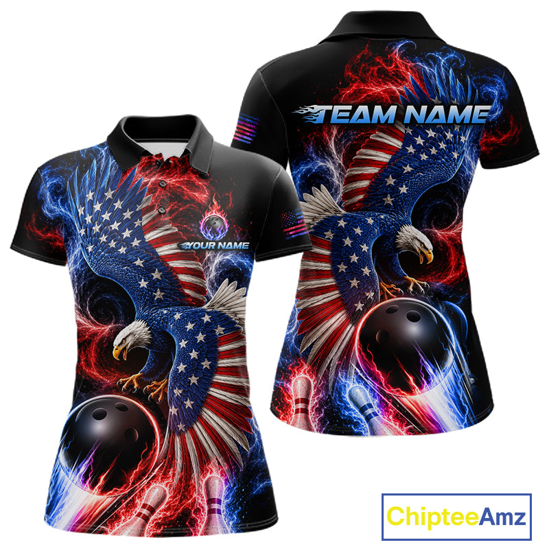 Custom Thunder Bowling Shirt For Women USA Flag Flame Eagle Bowling Polo Quarter-Zip Shirt NYN4009