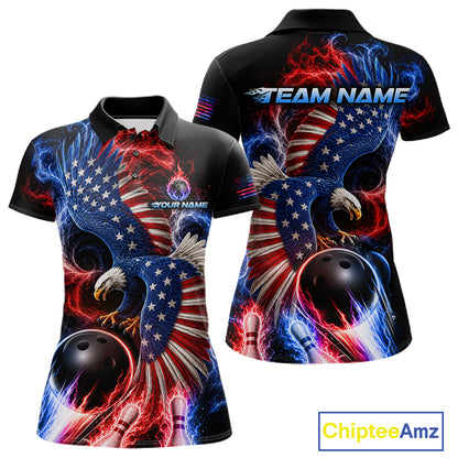 Custom Thunder Bowling Shirt For Women USA Flag Flame Eagle Bowling Polo Quarter-Zip Shirt NYN4009