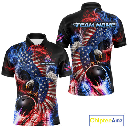 Custom Thunder Bowling Shirt For Men USA Flag Flame Eagle Bowling Polo Quarter-Zip Shirt NYN4009