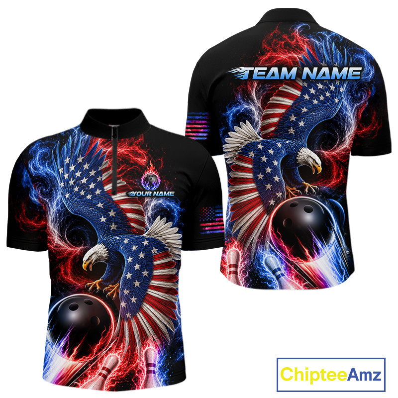 Custom Thunder Bowling Shirt For Men USA Flag Flame Eagle Bowling Polo Quarter-Zip Shirt NYN4009