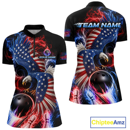 Custom Thunder Bowling Shirt For Women USA Flag Flame Eagle Bowling Polo Quarter-Zip Shirt NYN4009