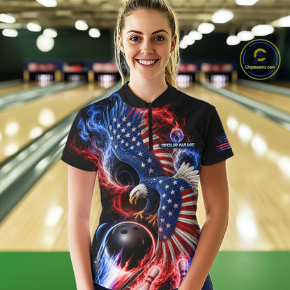 Custom Thunder Bowling Shirt For Women USA Flag Flame Eagle Bowling Polo Quarter-Zip Shirt NYN4009