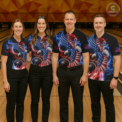 Custom Thunder Bowling Shirt For Men USA Flag Flame Eagle Bowling Polo Quarter-Zip Shirt NYN4009