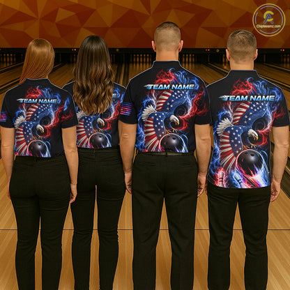 Custom Thunder Bowling Shirt For Men USA Flag Flame Eagle Bowling Polo Quarter-Zip Shirt NYN4009
