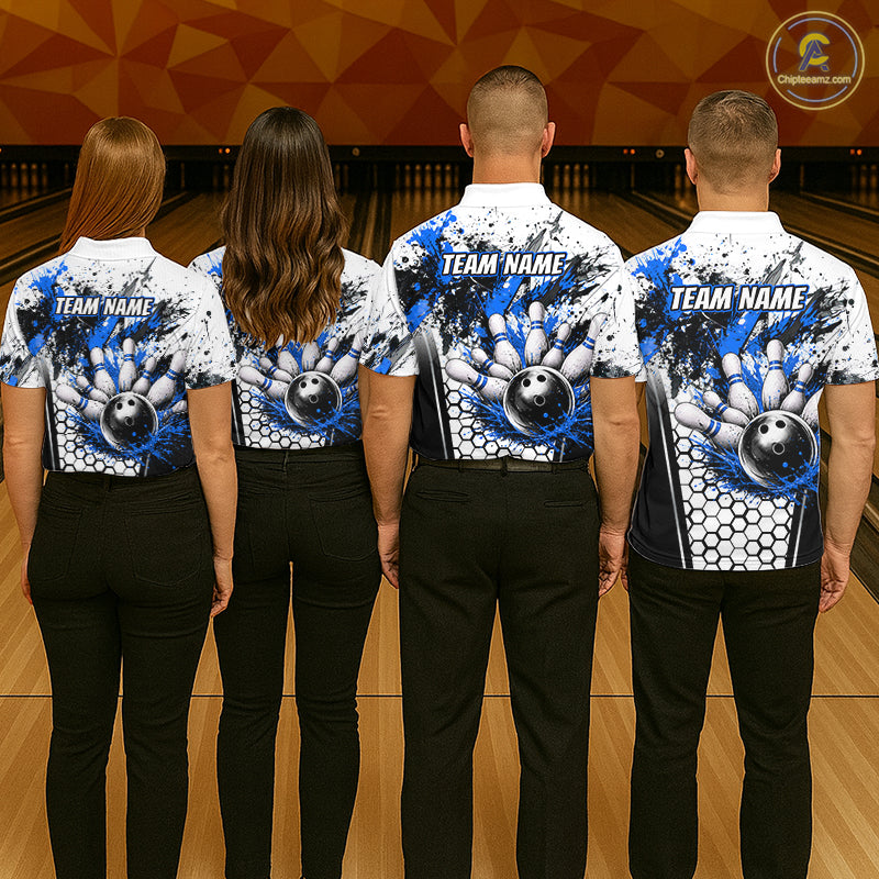 Custom Black And Blue Splatter Womens Bowling Shirt Splash Bowling Tournament Team Jersey NYN4011