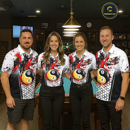 Custom Splatter Yin-Yang 8 Ball & 9 Ball Pool Jersey For Men Red Splash Billiard Team Jerseys NYN4013